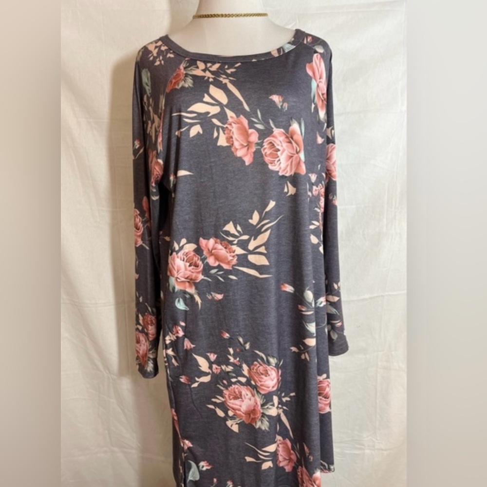 Floral Gray t-shirt Dress, sz XL pockets